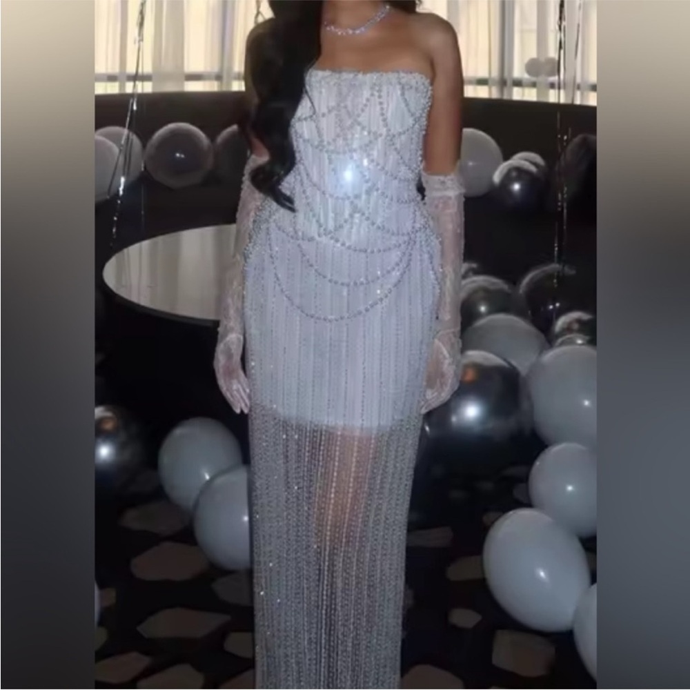 Strapless Silver Beaded Sheer Overlay Dress